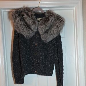 Michael Kors Charcoal Cardigan with Faux Fur Collar